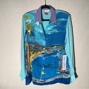 Diane Gilman 100% silk Artistic Oceanic Print Shirt in Blue and Purple
